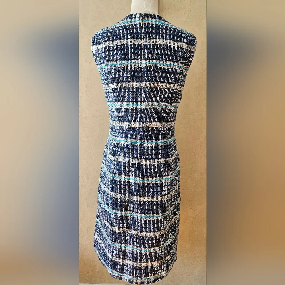 TORY BURCH Petra Blue Tweed Sheath Dress Blue and White